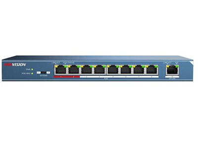 海康威視DS-3E0109P-S非網管POE交換機    DS-3E0109P-S非網管POE交換機支持8口百兆PoE電口，可通過網線直接供電，PoE自適應802.3af（15.4W）和802.3at（30W）標準，整機PoE最大輸出功率為120W，通過普通的5類雙絞線即可為AP、IP攝像頭、IP電話等PoE受電設備同時傳輸電力和數據。
設備支持網絡延長（EXTEND）模式，開啟后，使用超五類及以上網線時，對應端口的數據傳輸和供電距離最遠可達250米；PoE支持8芯供電技術，有效降低電源線路損耗；支持重要端口數據保障功能，對于重點區域的數據或視頻，優先