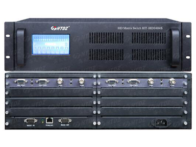 HT-HD0404S 高清無縫混合矩陣  ”• 標準插卡式工業機箱，任意更換信號口，采用4路/卡； 
• 輸入輸出信號源格式自由選配，輸入支持CVBS,VGA,YPbPr,SDI，HDMI和DVI，輸出支持VGA，YPbPr，SDI，HDMI和DVI； 
• HDMI/DVI接口兼容HDMI1.3、HDMI1.4和DVI1.0，支持HDCP1.2，支持藍光播放器，支持DeepColor，自動EDID配置； 
• CVBS、VGA和YPbPr模擬輸入數字化處理，ADC最高采樣頻率205Mhz