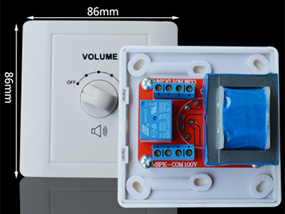 曼聲  HVC86-2-10D（10W） 帶強切 接線提醒：控制1-2只吸頂喇叭用 兩進兩出接線                       輸出功率：10W                  控制方式：定壓                  音控級別：5級                  信號輸入：70-110V                靈敏度：70HZ-15KHZ             產品尺寸：86*86*61*41MM        重量：0.15KG                    面板顏色：白色               