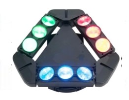 9眼LED蜘蛛燈電壓：90-240V AC，50/60Hz 功率：100W 燈珠規格：9頭10W 大功率 紅綠藍白4合1 LED 壽命：50000小時超長壽命，低耗能，節能環保LED 顏色：1670萬種顏色變化 LED 角度：5° 控制：DMX512、主從控制、自走 通道:13/46,DMX通道（數碼顯示） XY軸角度：X軸540，Y軸120 頻 閃：高速電子調節頻閃/隨機頻閃,1-25次/秒 運