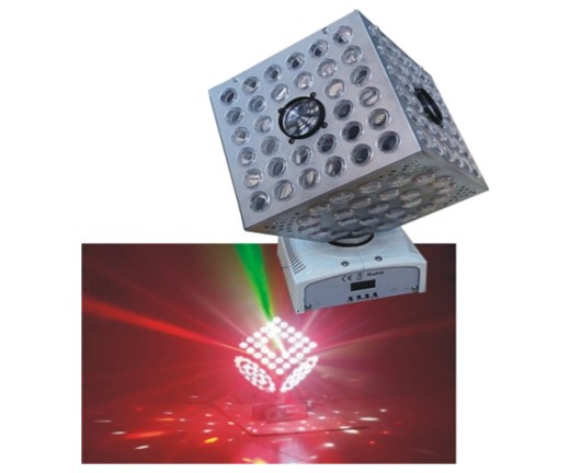 LED光束魔方電壓：AC90-240V  50/60HZ 功率：80W 光源：采用LED R3 G3 B3 W3            3W12顆進口高亮燈珠       光束RGB三合一       3W3顆高亮進口燈珠 控制模式：聲控/自動/DMX512 控制通道：10CH 旋轉角度：精密電機旋轉角度350度 單個包裝尺寸：320X320X350MM  重量：3.1KG 大包裝尺寸：705X6