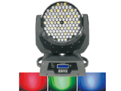 108顆LED搖頭染色燈功率：450W 頻率：50Hz-60Hz 光源：3W*108顆的大功率超 亮LED（R:27,G:27,B27,W:27） 平均100,000小時超長壽命， 低能耗，節能環保LED 通道：12CH 控制模式：DMX信號控制/主從/聲控 水平掃描：540°或630°（16bit精度掃描） 垂直掃描：265°（16bit精度掃描） 控制光斑角度：15° 高速電子調節頻閃可達1-