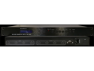 FiFi MT-HD0404  HDMI矩阵(1U) 4路HDMI视频输入，4路HDMI输出。支持1080p/60的所有HDTV分辨率和高达1920*1200的PC的分辨率兼容；长线输入自动均衡——确保能对每个输入进行独立的自动的补偿由于长距离传输或者使用低质量线村造成的信号损耗；支持HDMI 1.3a、HDCP 1.3、与及DVI 1.0协议。支持高色深，以及高达2.25Gbps速率；HDCP兼容——确保有内容保护的媒体能正常显示与其它HDCP兼容设备的协同使用；支持面板控制/电脑控制/红外控制/中控控制。具有掉电记忆功能，带有断电现场保护功能；
