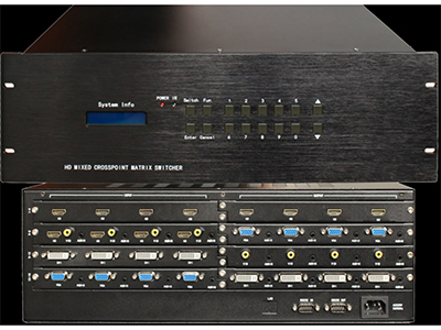 FiFi  MT-HB1616  混合矩阵主机机箱（可配输入4张4路卡、输出4张4路卡） ”◆ 主机支持16信号输入16信号输出
◆ 支持VGA、CVBS、S-Video、YPbPr、DVI，HDMI，SDI任意板卡输入；
◆ 支持VGA、CVBS、S-Video、YPbPr、DVI，HDMI任意板卡输出；
◆ 采用Contrex嵌入式处理器控制，运行速度更快，系统更稳定；
◆ 采用液晶显示屏，可显示设备各通道的切换状态、支持一键快速查询功能，方便察看矩阵的切换状态；
◆ 具有掉电记忆功能带有断电现场保护，上电自动恢复关机前状态；
◆ 数字信号运用了点对点无损传输方式，有力保证了
