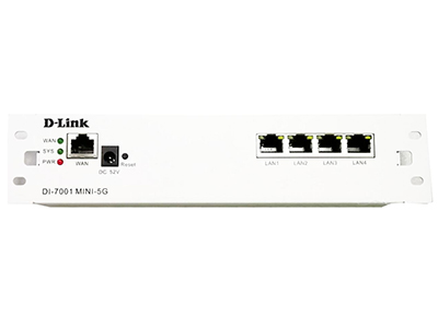 D-Link DI-7001 MINI-5G  提供千兆接口1个WAN口和4个LAN口（支持POE供电），可简易部署于弱电箱中。能满足80个用户同时上网的需求，可管理8台AP。具备IPSec VPN、WEB认证、智能流量控制、上网行为管理、AC控制平台、微信管理、在线检测升级等主要功能。内置防火墙，能有效防范DDoS类，ARP欺骗等共计，支持云端统一管理，适合于家装、连锁店铺、地产行业等网络应用场景