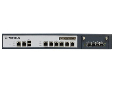 綠盟科技NFNX3-G2000H  并發連接數：2000000 
吞吐量：三層吞吐量4Gbps，七層吞吐量1.2G 
網絡端口：網絡端口6GE，1個擴展插槽，1個RJ45串口，1個RJ45管理口 
控制端口：2個USB接口 
VPN支持：IPSec/SSL/L2TP 
入侵檢測：4000+無重復簽名，NSS Labs推薦，通過CVE兼容性認證，DDoS防護 
管理：中文Web界面、SNMP v1/v2c/v3、syslog日志、集中管理、在線升級 
電源：單電源：60W 
外形設計：1U