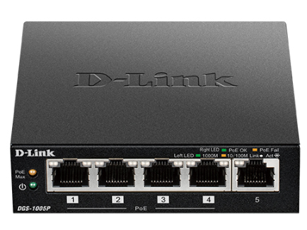 D-LINK DGS-1005P 5口千兆非网管POE交换机 4个千兆PoE电口+1个千兆电口，支持802.3at PoE标准，整机PoE功率60W，桌面型设计可壁挂