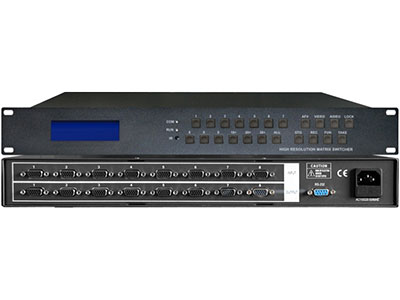 斯朗 VGA 8*8切换矩阵	HG-QXZVG0808 ”根据用户需求选择4/8路电脑信号输入，4/8路电脑信号输出而组成的设备型号（选配带电脑立体声音频接口）,特殊更多路数要求可根据客户要求定做；
本产品采用高可靠性的智能VGA处理芯片，设计中采用容错技术，并可以自我判断故障点、启用备用电路，并采用了高抗干扰能力的通信接口电路，保证了信号和通信的可靠性；
具有断电现场切换记忆功能、LCD液晶屏显示切换信息、VGA信号和电脑音频同步或分离切换等功能,并有高级黑屏功能；
具有RS232通讯接口，支持电脑、中控同时控制或级连控制；
另具有设备面板切换功能