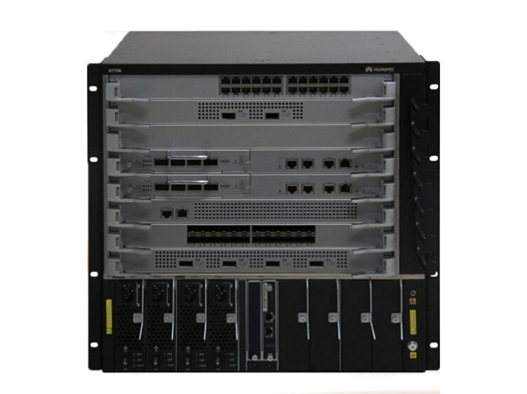 华为 S7706  路由交换机 POE交换机 应用层级： 三层 背板带宽： 3.84Tbps/5.12Tbps 包转发率： 1152Mpps/28