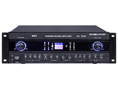 百科，BKU-KA-7500，   带：MP3,蓝牙，
五路话筒输入。
四路音视频输入／二路音视频输出。
四路音箱输出 输出功率RMS (1KHz, 8Ω)
左右声道 500W+500W
频率响应 20Hz-20KHz ±1 dB
电源供应 AC210V-230V~50Hz
标准电源 AC220V~50Hz
机器体积 430 X 380 X 130(MM)
输入灵敏度/阻抗
话筒 5-100mv/1Kohm
线路 250mv/47Kohm
音乐音调控制
低频 80Hz ± 10dB
高频 12KHz ± 1