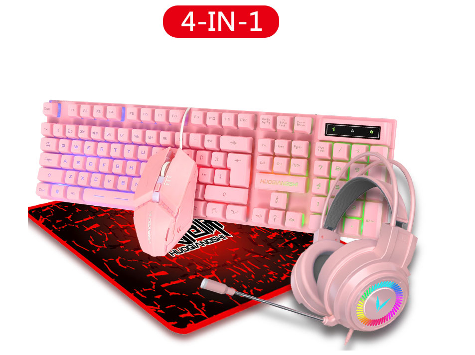 火槍師 G308  四合一粉色鼠標鍵盤耳機套裝有線電競發光辦公游戲鍵鼠套裝