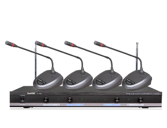 海天电子 HT-840F   使用VHF174-270MHz频段，频率范围内单频点可选； 采用DSP高频机中频滤波，充分消除干扰信号； 采用低电压设计，电池电压低到2.2V仍可以工作； 采用特别ALC电路不用担心音量过大而失真； 采用低功率元器件，电池使用寿命延长； 采用音频压缩扩展技术，减少噪音，动态范围加大； 设有压低减弱功能有效减少回输啸叫； 独特的噪音静噪功能，拒绝外部干扰打开本机蔽音系统； 可接调音台和Karaok放大器，可用超长距离的连接线； 适用歌舞厅、会议厅、教学讲课和家庭娱乐； 可选配头戴和领夹；
