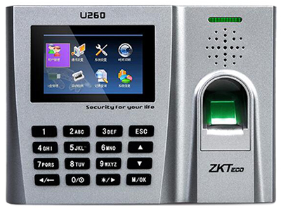 中控u260    指纹容量:3200枚,记录容量:100000条，支持USB通讯，全中文显示， USB-Device，TCP/IP,RS232/485，记录查询，定时响铃，最新ZEM500多媒体平台，ZKFINGER VX8.0指纹识别算法，识别速度0.8秒， USB-Device，TCP/IP,RS232/485，记录查询，可直接用U盘下载数据，彩频真人声音报姓
