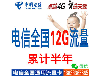 电信4G全国套餐：12G流量累计半年-不限时间-板电脑-ipad-手机上网流量卡