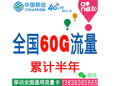 移动4G全国套餐：60G流量累计半年-无限时间-平板-电脑-ipad-手机上网流量卡