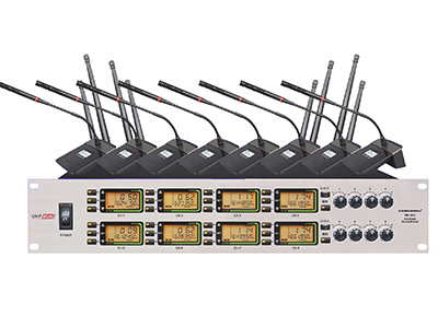 森海動力 MK-902   ”1.內置2*3編組疊機頻率，一鍵調取，同一頻段可同時輕松疊機2套使用。
2.具有IR紅外線自動對頻功能，一鍵自動對頻鎖定。
3.八通道音量獨立可調，提供8+1音頻輸出，八通道各音頻音量輸出獨立可控。
4.提供多種發射器可選，發射器中會議/手持/領夾可以混搭使用，互不干憂。
5.背光式LCD顯示屏指示了RF和AF信號強度，頻率，頻率組/頻道等工作狀態。
6.采用8通道相同的工作頻率，使得發射器之間可以隨時互換”
