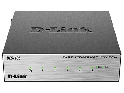 D-Link DES-105  端口：5个百兆电口，背板带宽：1G，包转发速率：0.74M，尺寸：100x98x28mm（3.9英寸、铁壳），电源：直流5V/0.55A外置电源，可壁挂，非网管交换机