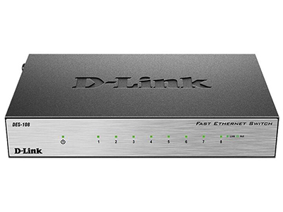 D-Link DES-108  端口：8个百兆电口，背板带宽：1.6G，包转发速率：1.2M，尺寸：162x102x28mm（6.4英寸、铁壳），电源：直流5V/0.55A外置电源，可壁挂，非网管交换机