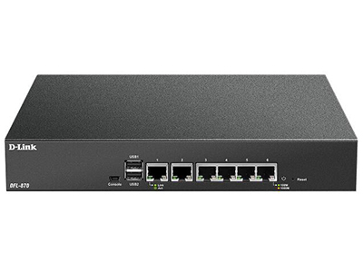 D-Link DFL-870  11寸桌面型UTM防火墙，6个千兆自定义电口，防火墙吞吐4Gbps，VPN吞吐1Gbps；支持病毒扫描，网页内容过滤，入侵防御，应用控制，链路负载均衡及VPN功能等