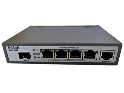 D-Link DMC-3004  桌面型网管式千兆光纤转换器，带内管理SNMP，端口为1光（SFP千兆）4电(10/100/1000M 自适应），外置12V适配器供电, 单台包装，选配模块：（DEM-3020G/3040G/3002G/3020F/3002F）。出厂默认带一个DEM-3020G。