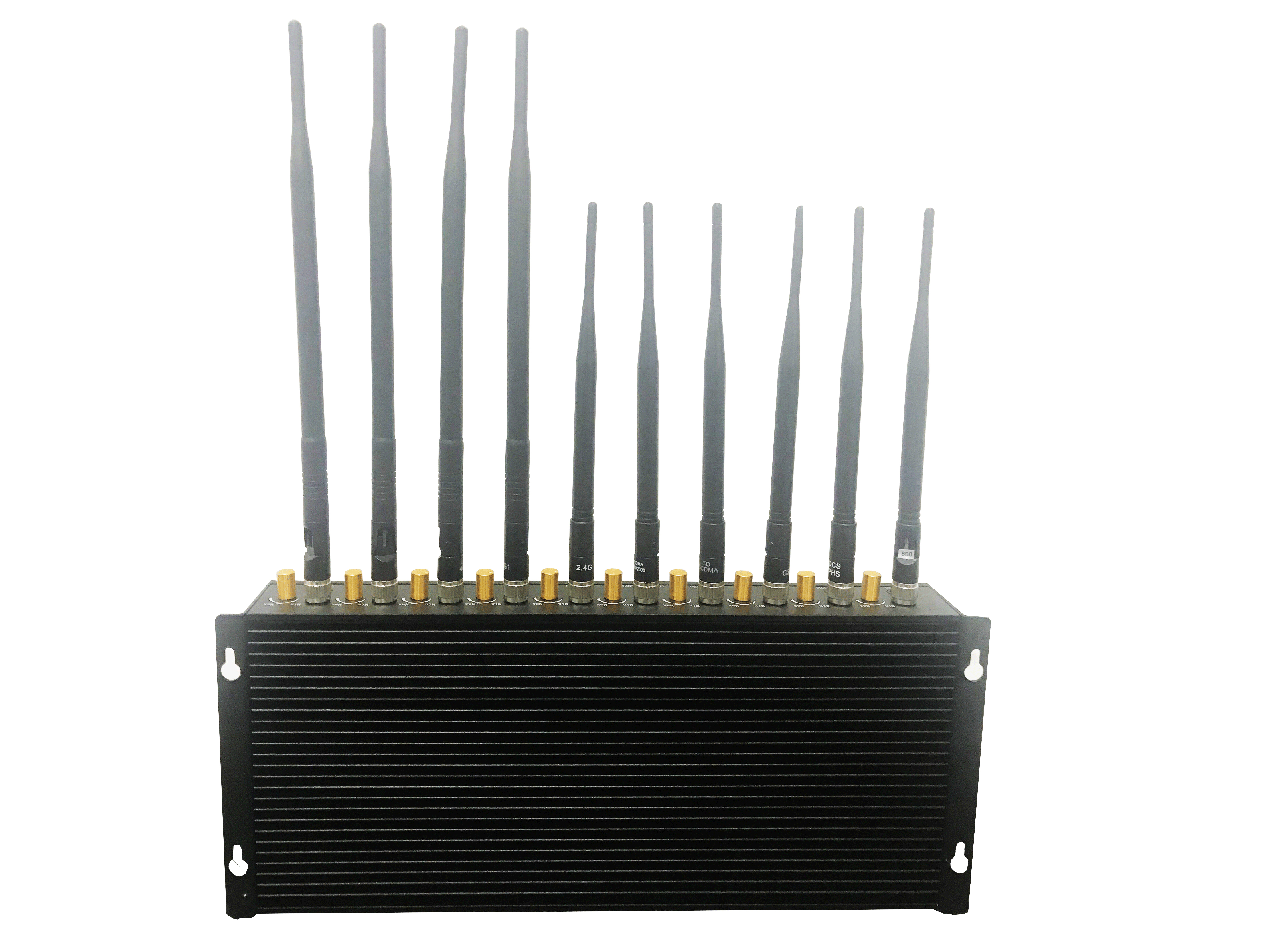 ZM-505L新款5G 10路可调手机信号屏蔽器、会议信号屏蔽仪1.  ZM-505L 全频段屏蔽系统，通用型能有效屏蔽2G/3G/4G/5G手机信号及2.4WIFI信号，也可根据客户要求定制频率。
2.  发射功率：每路2W，整机20W 采用进口功放、IC。
3.  供电规格：AC110-220V (外置开关电源)。
4.  采用驻波保护技术，即使空载也不易损坏。
5.  散热系统：铝合金型大散热器，且内置散热风扇。
6.  采用鞭状天线。
7.  每路可调节功率大小且可单路开关。

