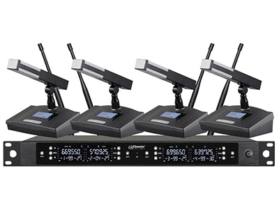 话筒 载波频率：740—820MHz
频带宽度：80 MHz
调制方式：FM
最大频偏：±50KHz
音频响应：40-16000Hz
动态范围：大于105db
综合失真：≤0.5\%
音频处理方式：动态压缩扩展方式
工作温度：-10℃~+50℃
接收机：
就收通道：四通道
震荡模式：PLL相位锁定频率合成
音频输出电平：0—3000mv
音频输出阻抗：600欧
假象及谐波抑制：85db
工作电压：dc12—16v/400ma
发射机：
震荡模式：PLL相位锁定频率合成
频率