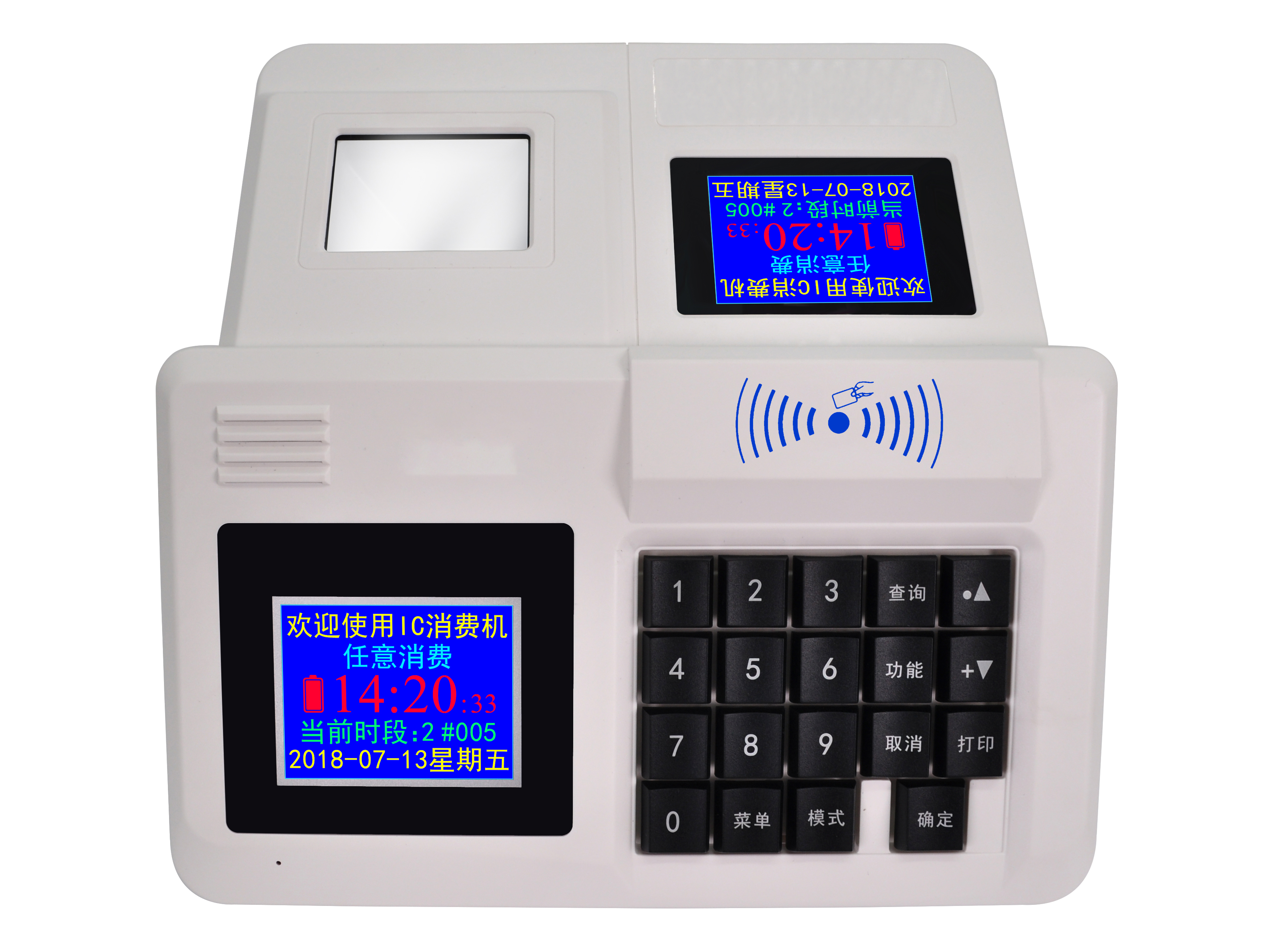 C300T-2W  售饭机 显示采用：液晶字符显示、屏幕大，操作方便，显示直观。读卡型式：感应IC卡以及各种CUP卡等