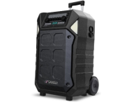 山水D08音箱8寸低音单元音圈：35.5mm 磁钢：航天Y30、100mm 、频宽：70-10KHZ 进口鼓纸、80磁高音单元、25芯Y30航天磁大号角高音、频宽：800-18khz、高分子膜 电池：5.5Ah天能电池、60%音量可连续播放约4-8小时 功能：蓝牙、双USB、录音、话筒优先、12CM超大坦克轮、带遥控、4.5度仰角、室内外模拟声场调节 U段可调频无线咪：带吉他乐器接口、TI芯片、0.8厚全铝拉杆、防水控制板 功率：100W 专利：外观专利/坦克轮专利  适应环境：-30°低温 ,60°高温