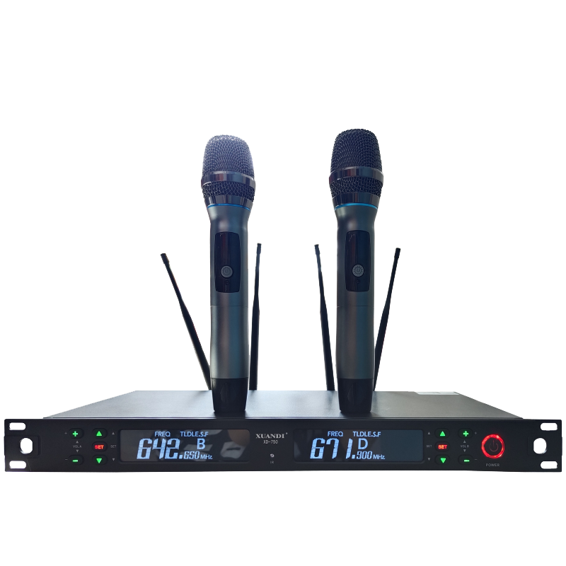 XUANDI炫笛XD-750  1、UHF频段传输信号，频率范围：520MHz-830MHz。 2、各通道配备独有的ID号，增强抗干扰功能，具备320个可选频点，方便多套使用，轻松避开各类干扰。 3、采用稳定的PLL数位锁相环合成技术和智能数字线路，整机性能稳定性显著提高。 4、红外线对频、发射器可以互换、操作简单、功能先进。 5、先进的自动对频技术，系统具备自动搜索选择频率及ACT（自动频道追锁）功能； 6、高保真单指向性电容咪芯，声音还原好。拾音距离可达到30-50CM。 7、主机采用2个独立 LCD屏，双色显示屏，可动态显示系统信号、音量、通道、频点数值、话筒开枪和关闭颜色不同能直观显示； 8、接收机背面设置4条橡胶接收天线，增强接收的信号，外观大方得体。 9、采用专业级音频压缩扩展技术，噪音小,尾音小,动态范围更大。 10、同一会场可五套主机同时使用，领夹话筒、手持话筒、会议话筒混合搭配使用，通用性强。 11、灵活的鹅颈式咪杆设计，可360°全方位调节，咪杆灯环指示发言状态。 12、具备四路独立卡侬输出及一路6.35mm混合输出，方便会议全程音频独立录音保存,适应不同的设备连接需求。 13、超强的抗干扰能力,能有效抑制由外部带来的噪音干扰及同频干扰。 14、采用三级防静电、防雷保护技术，可抗8000V静电 15、使用距离: 空旷环境：80-100米      复杂环境：50-80米。 16、可选配内置反馈抑制器模块，具有独立接收灵敏度调节功能，可对系统输出信号人性化调节，提升拾音距离；综合特性 载波频率范围:500MHz-830MHz(取决于适用的国家规范) 频带宽度：50MHz 调制方式：FM调频 最大频偏：±45KHz 频率响应：80Hz—15KHz 信噪比（S/N）：≥50dB(A) 失真度（1kDz）：＜2% 工作温度：-10℃~55℃ 工作距离：80米（理想环境下） 消耗功率：8W 静态功率：3W  接收机 振荡模式：PLL（数字频率合成器） 杂散抑制: ≥80dB 镜像抑制：≥80dB 灵敏度：5dBuV 音频输出电平：平衡输出(XLR output jack): 250mV/600Ω                非平衡输出(1/4