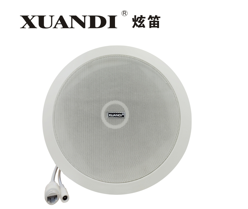 XUANDI炫笛型号：IP-20WX吸顶■采用嵌入式PC技术和DSP音频处理技术设计：内置嵌入式网络语音解码模块，完成网络音频流的同步接收和解码：采用高速工业级ARM芯片，启动时间达到毫秒级；提高设备使用稳定性； ■内置嵌入式网络语音解码模块； ■具有独立IP地址，可以单独接收服务器的个性化定时播放节目。 ■高品质的数字音频传输，无噪音，音质达到CD级（音频文件位速为32-320kbps自适应）； ■支持音量、平衡调节：设备具备全数字高音、低音和主音量调节，调节更加清晰、灵活准确。 ■具备智能电源管理功能，设备采用内置CPU判断功放的运行状态，在无工作状态时功放自动进入休眠状态，待机功率≤0.2W，当有播放任务时，功放自动启动。 ■带有远程音量调节功能，终端在自动启动和播放任务的时候，自动将音量调节到系统设定的默认状态。音量自动调节默认值分别可制定为背景音乐音量、紧急广播音量和消防广播音量等。 ■通过网络任意接收来自服务器的广播节目，包括话筒寻呼、消防警报自动强插、电话寻呼等。 ■一线多用：充分利用现有网络资源，避免重复架设线路，兼容TCP/IP网络协议，可挂接在以太网络到达的任何地方，真正实现广播、计算机、监控网络等的多网合一，支持跨网关、跨路由、互联网传输。通过网络联机设定IP地址及网络配置等。 ■具有远程升级功能，产品程序更新无须现场升级，通过网络远程即可更新、方便快捷。 ■解码终端设有IP地址复位升关，复位可恢复出厂设置 功能说明： 网络接口：RJ45、10M/100M 网络协议：TCP/IP、UDP、ICMP、IGMP(组播) 音频格式：MP3/MP2 支持码流：32K-320K 频带宽度：20Hz-20KHz 供电：外置DC12V/3A 额定功率：20W 扬声器单元：6.5
