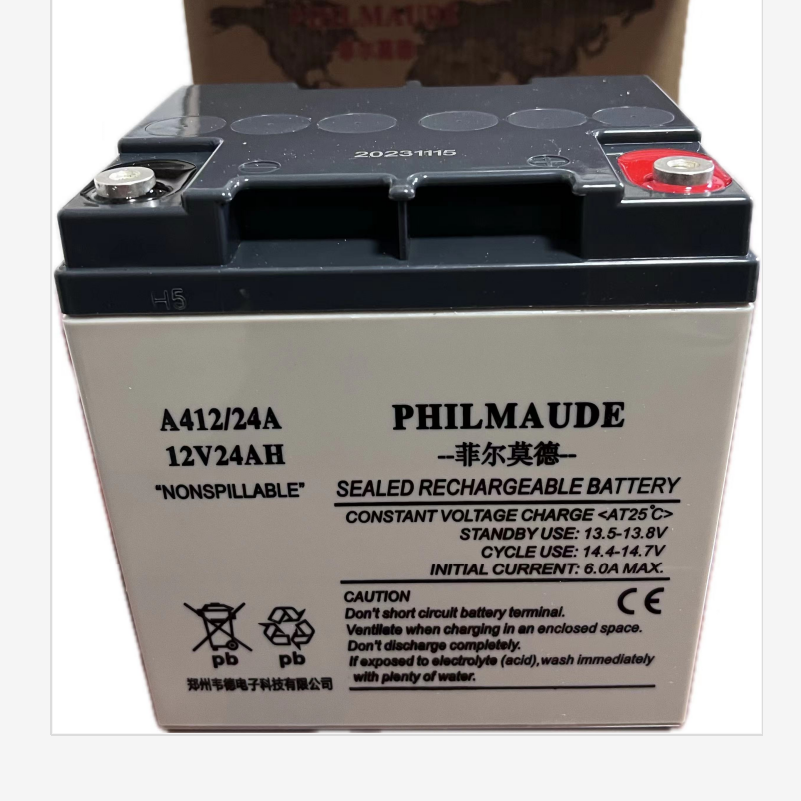 菲尔莫德A412/24A（12V24AH电池）铅酸免维护蓄电池，白壳，蓝盖壳体，质保1年，设计使用寿命3-5年、应用领域;UPS电源、EPS电源,太阳能系统，电力系统。