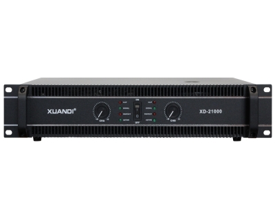 XUANDI炫笛：XD-21000,输出功率：（8Ω） 2x1000W                                        输出功率：（4Ω）2x1800W  输出功率：8Ω桥接 1600W 频率响应：20Hz-20kHz ±0.3dB   输入灵敏度：0.775V/1.0V/1.4V  信噪比：（A计权） 108dB  最低负载阻抗：(单个通道)>4Ω      输入阻抗：(平衡):20kΩ  (不平衡):10KΩ      正常功耗：220x1.6A   阻尼系数：>500@1KHz   300@/8Ω 总谐波失真：30V/uS      机身高度：2U     电源要求：AC 220V±10%  50-