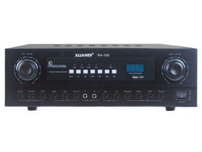 XUANDI炫笛：PA-105 额定功率：2*120W/8欧 话筒输入：3路 面板材料：铝合金 音乐输入：3路，DVD.MIDI.VCR.TAPE.MP3.蓝牙 音乐调节：高低音，左右平衡，总音量 话筒调节：每路增益，回声，延时，高低音，混响深度 MP3读卡：USB卡，可读多种MP3版本和格式。蓝牙功能