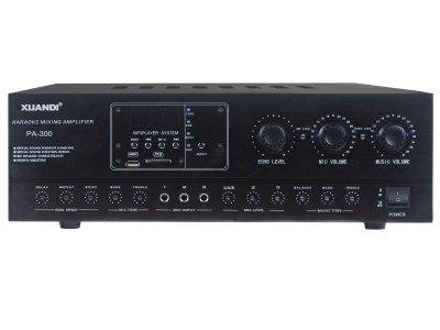 XUANDI炫笛:PA-300 额定功率：2*180W/8欧 话筒输入：3路 面板材料：铝合金 音乐输入：5路，DVD.MIDI.VCR.TAPE.MP3.蓝牙 音乐调节：高低音，左右平衡，总音量 话筒调节：每路增益，回声，延时，高低音，混响深度 MP3读卡：USB卡，可读多种MP3版本和格式。蓝牙功能 红外线遥控控制,