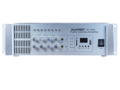 XUANDI炫笛:XD-1500F 本系列广播功放，有带USB接口前置功放形式，本公司对其可靠和音质方面采取了有效的技术措施，主要元件均为进口。 功率输出5路输入（2路话筒，3路线路） 话筒及线路、Mp3音量均可独立可调。 带8路分区，可以控制开关音乐，带USB接口， 有输出短路保护及告警，过热警告和饱和失真告警 输入灵敏度0dB，LED电平显示                                           功率输出有1500W 足功率
