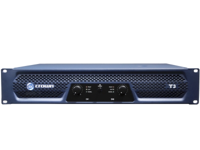 CROWN  （皇冠）型号：T3 功率：8Ω立体声 330W               频率响应(1W)20Hz - 20kHz, +0/-1d        总谐波失真 (THD) 10V/us 电压增益 31dB 阻尼系数(8ohms), 10Hz - 400Hz >200 信噪比 (以额定输出功率为参考, 20Hz - 20kHz, A计权) >100 dB 串扰 (以额定输出功率为参考) 于 1kHz / 20kHz –75 dB / –59 dB  输入灵敏度 (额定功率8ohms) 0.775V or 1.4V 输入阻抗(额定) 平衡 / 非平衡 20k ohms / 10k ohms  规格  尺寸(H x W x D):    19”x 3.46”x 12.45” (482 mm x 88 mm x 316.4 mm) 净重:     28.0 lb (12.7 kg) 运输重量:     32.4 lb (14.7 kg)