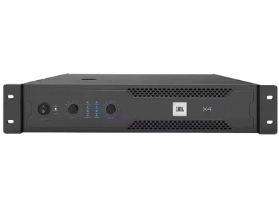 JBLJBL 型号：X4 功率 1kHz(EIA),0.5%THD 4 ohms 立体声（每通道）：600W 8 ohms 立体声（每通道）：400W 8 ohms 桥接 ：1200W 4 ohms 立体声（每通道）工作1分钟以上 ：500W 8 ohms 桥接工作1分钟以上 ：1000W 性能 频率响应 ：20Hz-20KHz，+0/ -1dB 总谐波失真：（THD) 250 信噪比（以额定输出功率为参考，20Hz to 20 kHz, A计权）： >100dB 串扰（以额定输出功率为参考）于 1kHz / 于20 kHz ：20k ohms/10k ohms 输入灵敏度（额定功率， 8ohms）：0.775V 输入阻抗（额定） 平衡/非平衡 ：20k ohms/10k ohms 结构 保护 ：峰值限幅、直流保护、过流保护、短路保护、过热保护、开机软启动 通风 ：由前往后的空气对流机制 冷却 ：内部空气强排，风扇冷却，快速调节，温度保护 尺寸 尺寸(W*H*D) 19”x3.5”x14.9”(483mm x89mm x378mm) 净重 13.5kg 运输重量 15kg