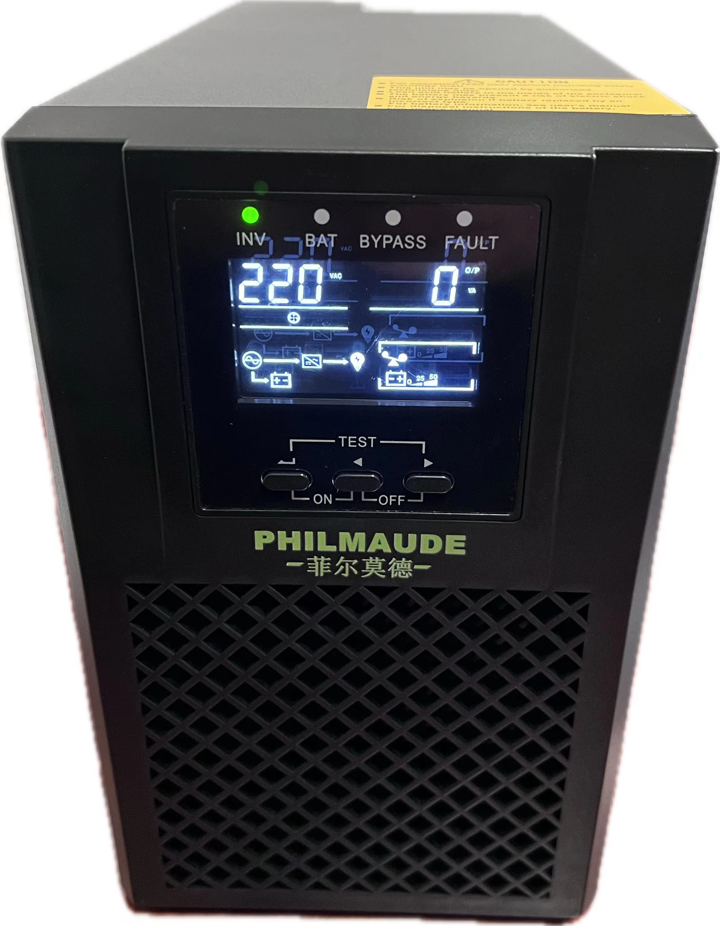 菲尔莫德UPS PHMD-E-1101KL长机（单主机）：1KVA=1KW；输入/输出电压：220/220；输出功率因数1、需外接3只电池使用；具有自动开机、标配RS232、EPO、USB接口；液晶显示屏