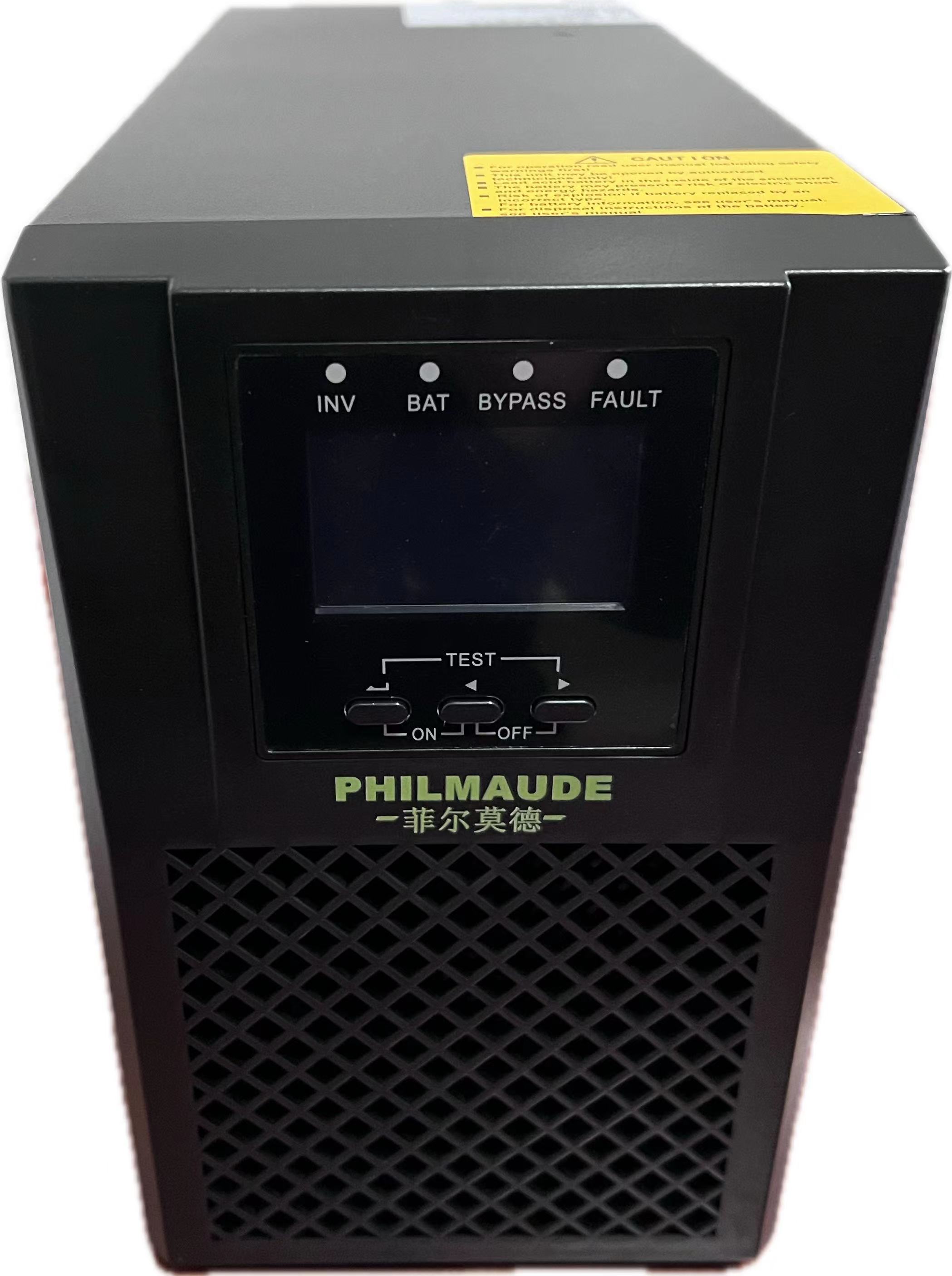 菲尔莫德UPS  PHMD-E-1102KS标机，2KVA=2KW；电池备用时间≥5分钟，输入/输出电压：220/220；输出功率因数1、内置4只12V9AH电池、电池电压48V;具有自动开机、标配RS232、EPO、USB接口；液晶显示屏