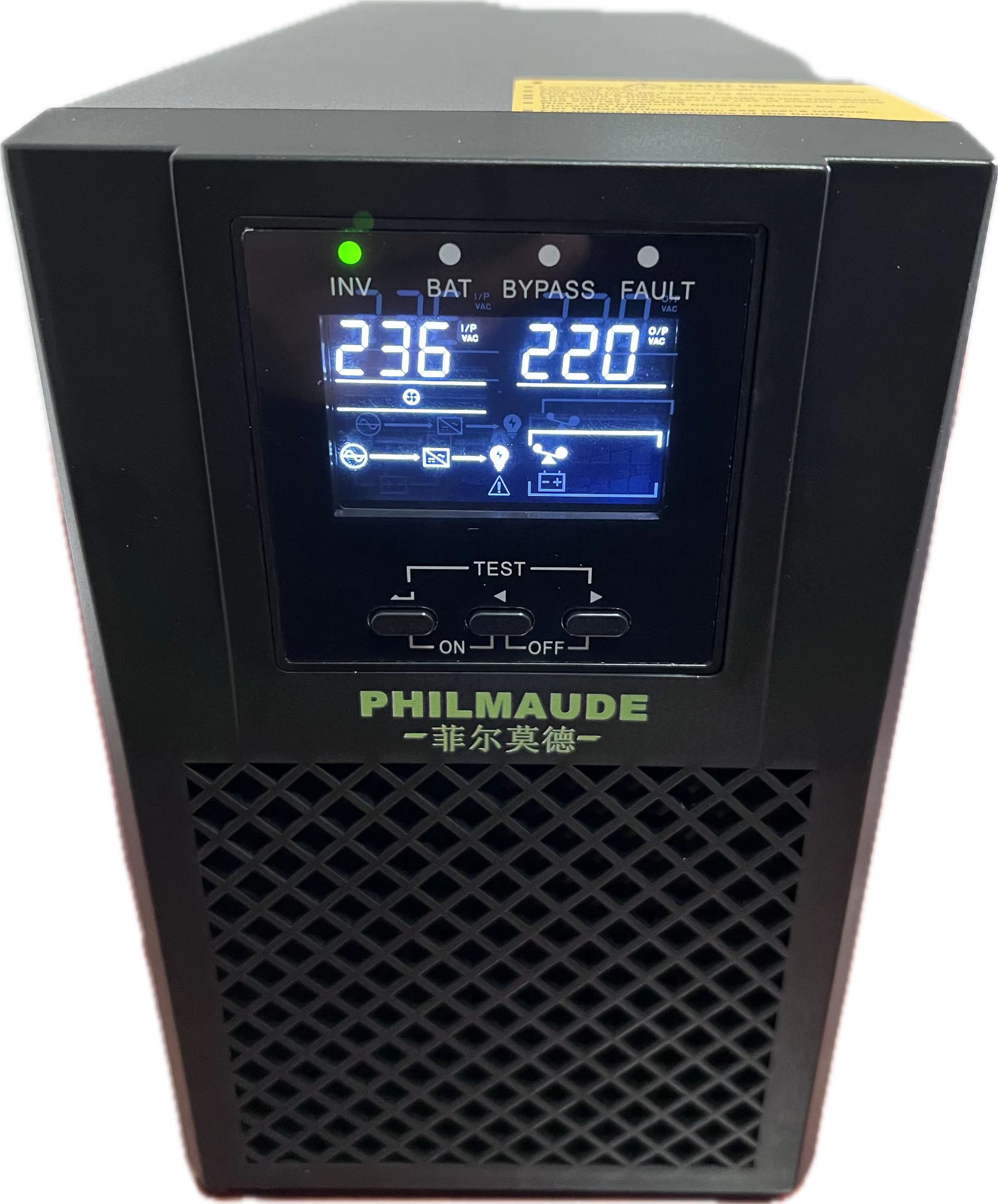 菲尔莫德UPS PHMD-E-1103KL长机（单主机）；3KVA=3KW；输入/输出电压：220/220；输出功率因数1、需外接8只电池使用；具有自动开机、标配RS232、EPO、USB接口；液晶显示屏