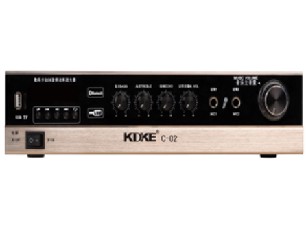 KDKE C-02额定功率：2X80W/8Ω 信噪比：小于100dB,阻抗：8Ω 频率响应：（-3dB）25HZ-20KHZ±1Db 灵敏度：大于250mV 总谐波失真：