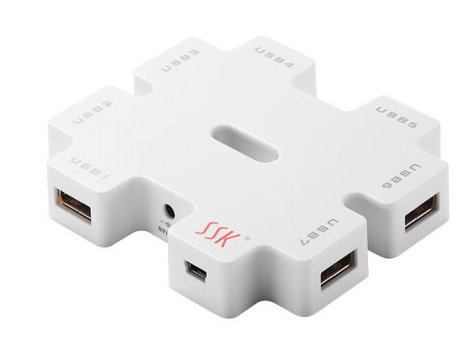 飚王（SSK） SHU011 一拖七口USB2.0集线器 HUB分线器 含电源(5V/2A)可充电扩展器转换器 积木白色