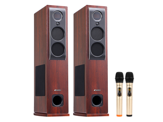 H7 客厅K歌神器，光纤、同轴、BT、USB、AUX端口输入。数字DSP处理器，6.5寸侧低音，声卡处理双无线话筒。	