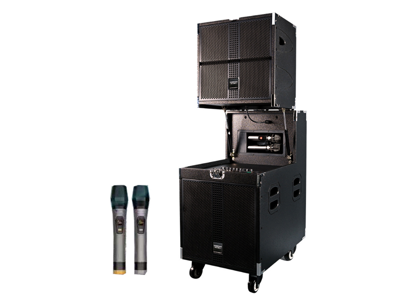 带互联线阵 SG9-15 喇    叭:15寸 频率响应:40KHZ-20KHZ 额定功率：200W 电    池：40AH 使用时间：3-8H 话筒配置：双咪U段追频