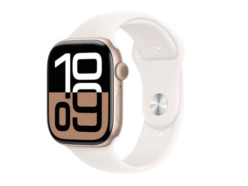 Apple/苹果 Watch Series10 智能手表蜂窝款46毫米玫瑰金色/亮黑/银色 铝金属表壳淡桃粉色运动型表带S/M MWYM3CH/B