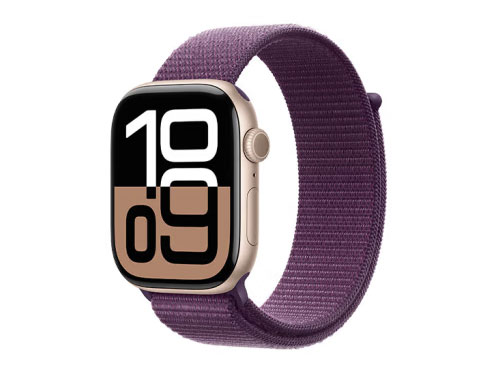 Apple/苹果 Watch Series 10 智能手表蜂窝款46毫米玫瑰金色/亮黑/银色 铝金属表壳梅子色回环运动表带MWYP3CH/B