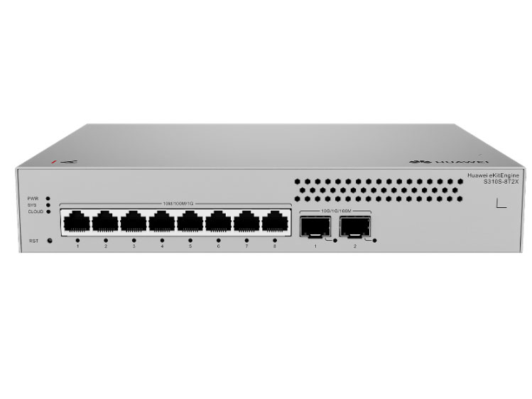 华为  S310S-8T2X 接入/汇聚交换机 | 三层 | Web管理 | 交换容量432Gbps | 包转发率78Mpps | 下行8个GE电口+上行2个10GE光口 | 监控带机量150 | 终端带机量300 | 机架款