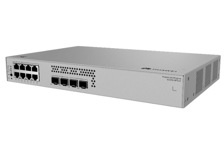 华为  S220S-8P4JX 接入/汇聚交换机 | 二层 | Web管理 | 交换容量396Gbps | 包转发率86Mpps | 下行8个GE电口+上行2个2.5GE光口，2个10GE光口 | PoE | 监控带机量50 | 终端带机量100 | 机架款