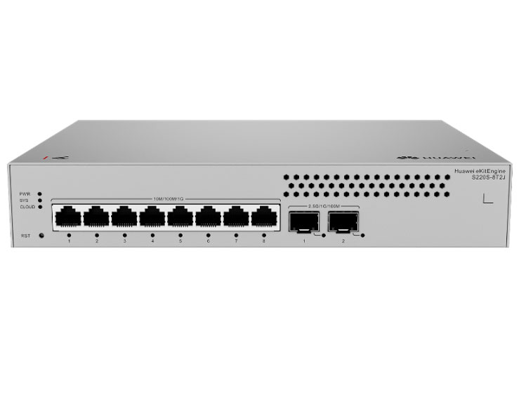 华为  S220S-8T2J 接入/汇聚交换机 | 二层 | Web管理 | 交换容量396Gbps | 包转发率56Mpps | 下行8个GE电口+上行2个2.5GE光口 | 监控带机量50 | 终端带机量100 | 机架款