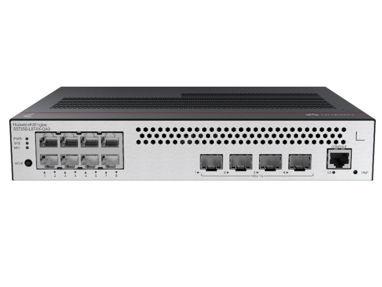 华为  eKitEngine S5735S-L8T4X-QA3：8个10/100/1000BASE-T以太网端口，4个万兆SFP+，内置交流供电，无风扇，交换容量672Gbps/6.72Tbps，包转发率102Mpps